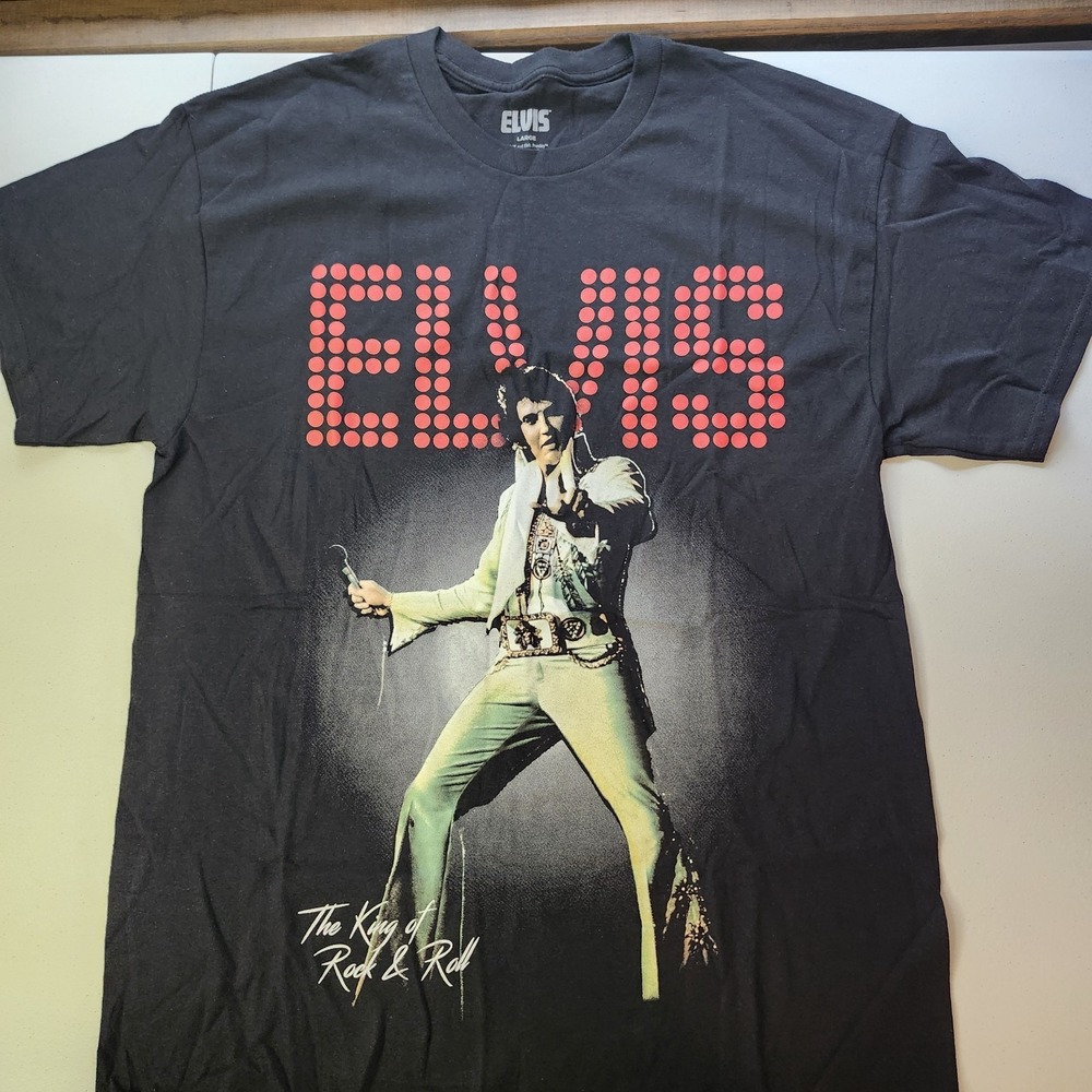 Elvis Presley The King of Rock & Roll Graphic T-Shirt Black Size Large Tee
